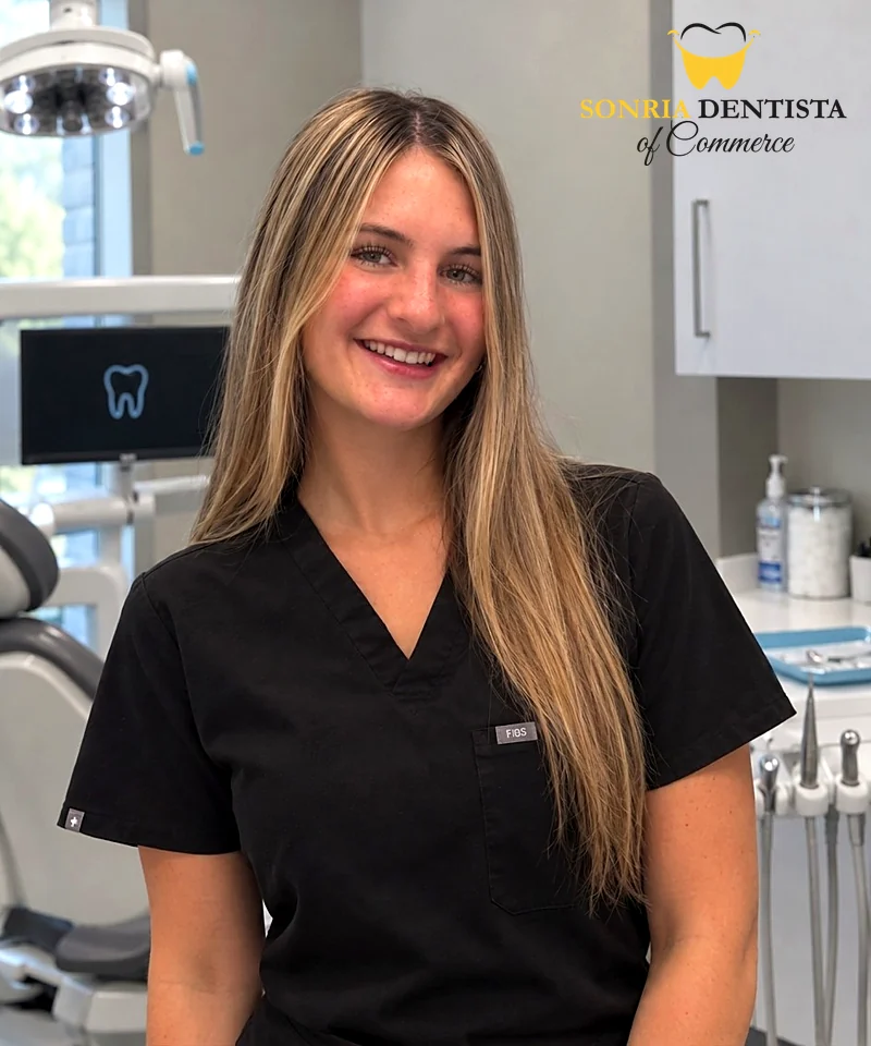 Camille, Registered Dental Assistant at Sonria Dentista Commerce, in a treatment room