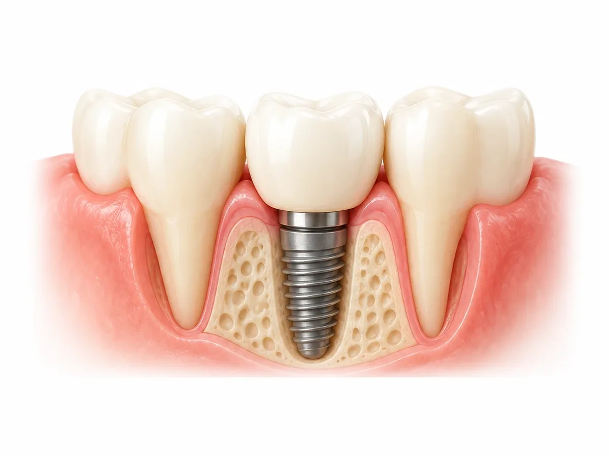 Illustration of a single dental implant with a crown, set in the jawbone between two natural teeth