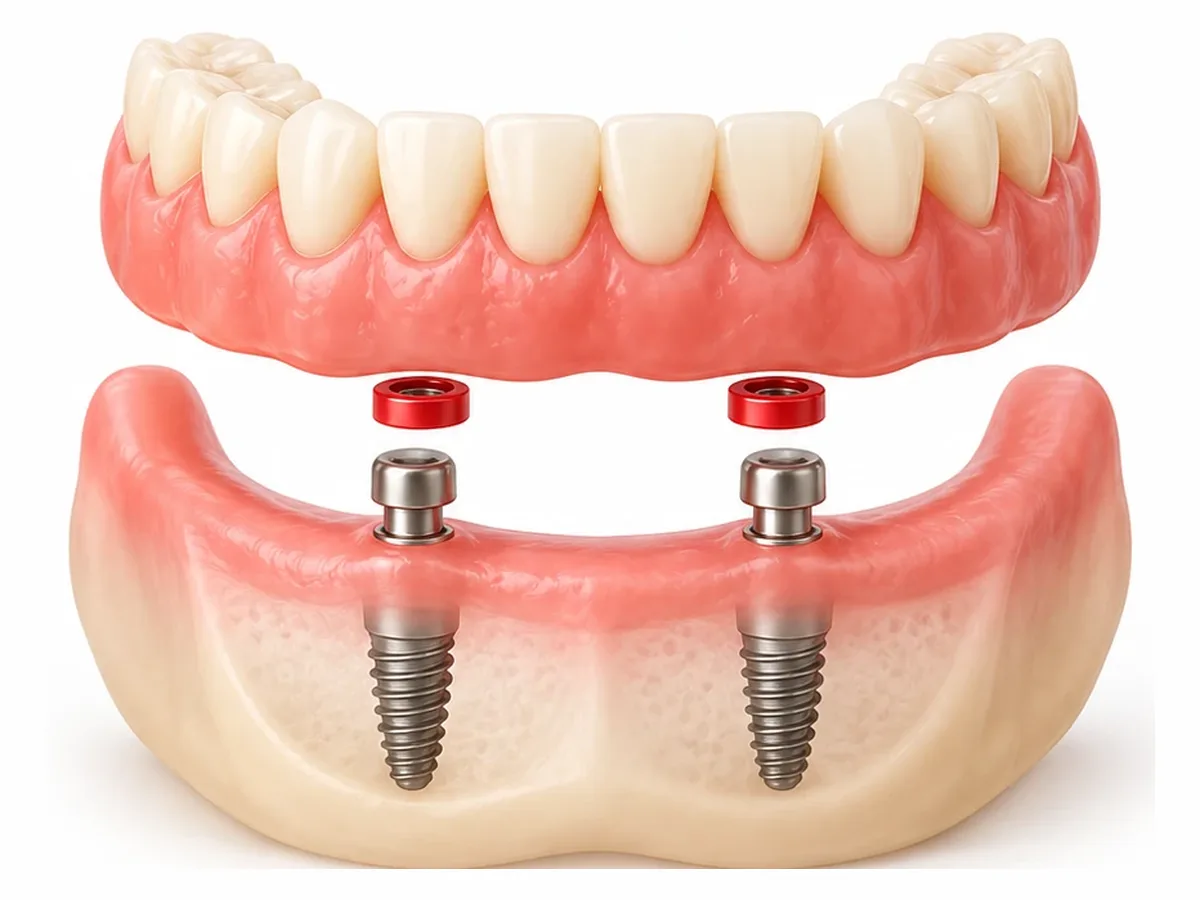 Illustration of a lower denture that snaps onto two dental implants with locator attachments
