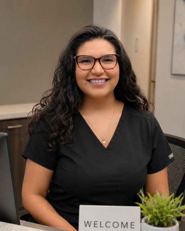 Kassandra, gerente de oficina de Sonria Dentista Grand Prairie, en la recepción